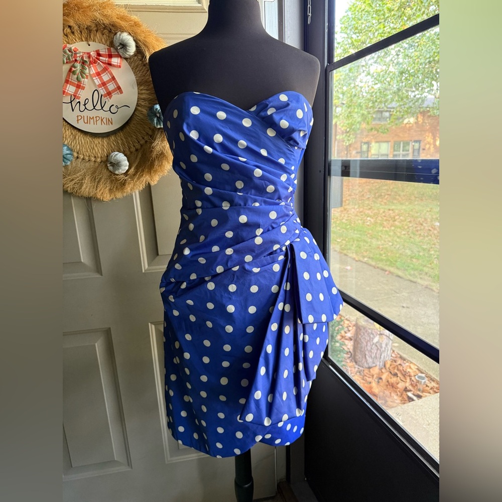 Vintage 80s Victor Costa strapless polka dot gathered cocktail dress, size 10